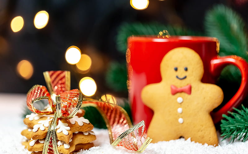 Cookies, Gingerbread Man, Red Mug, Christmas Ultra, Holidays, Christmas, Winter, Happy, Wooden, Coffee, December, Holiday, Sweet, cookies, Gift, Card, bokeh, Traditional, Gingerbread, homemade, newyear, cocoa, marshmallows, hotdrink, redmug, greenfirbranch, HD wallpaper