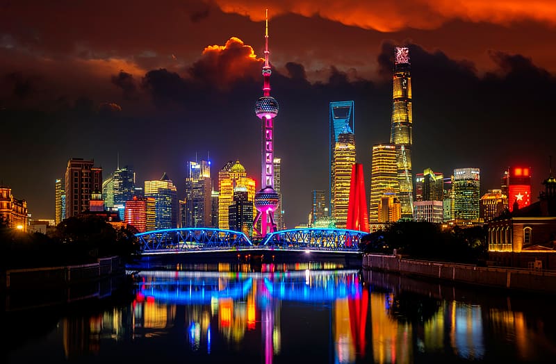 Cities, Night, City, Skyscraper, Building, Bridge, China, River, Shanghai, , Oriental Pearl Tower, HD wallpaper