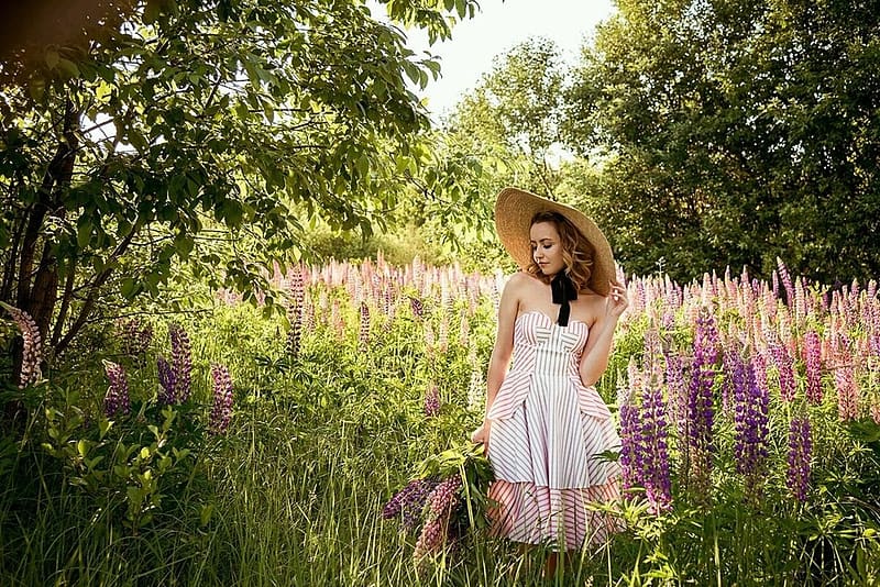 Lupinus Meadow, Straw bonnet, Trees, blossoms, girl, Lupinus, meadow, flowers, blooms, HD wallpaper