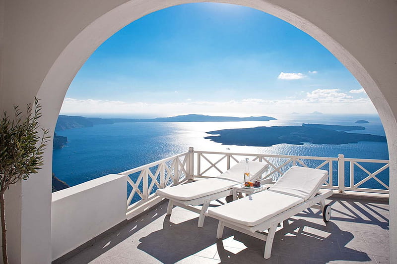 Relaxing View, Greece, View, Balcony, Santorini, HD wallpaper