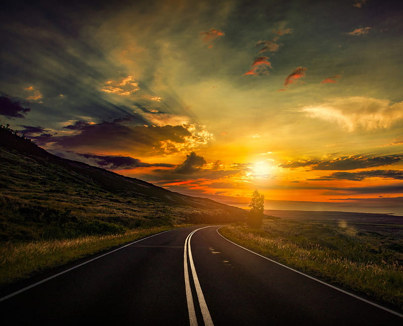 sunset lanscape, nature, road, HD wallpaper
