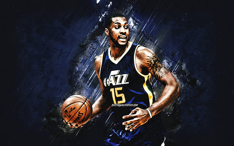 Derrick Favors, Utah Jazz, NBA, American basketball player, blue stone background, USA, basketball, HD wallpaper