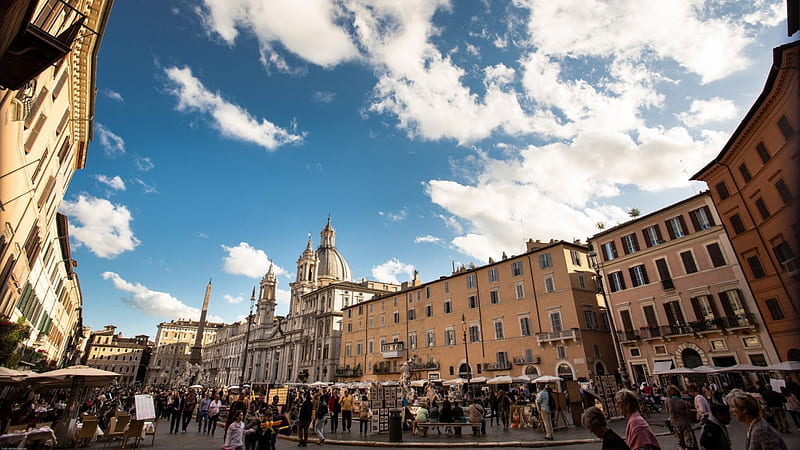 beautiful view of piazza navona in rome, piazza, clouds, crowds, view, HD wallpaper