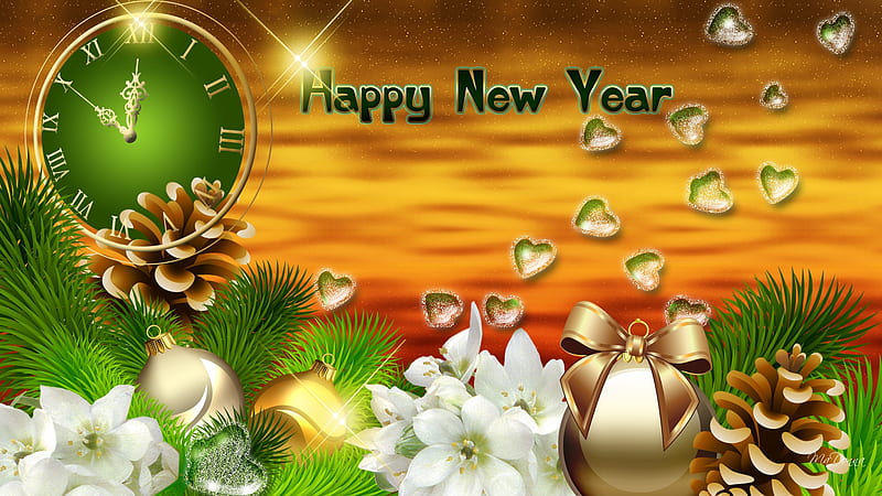 Happy New Year, ribbon, clock, firefox persona, corazones, gold pine cones, sparkles, tree, ball, gold, flowers, greens, HD wallpaper