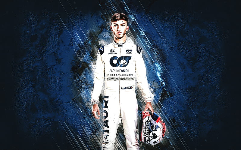 Pierre Gasly, Scuderia AlphaTauri, Formula 1, French racing driver, F1, blue stone background, HD wallpaper