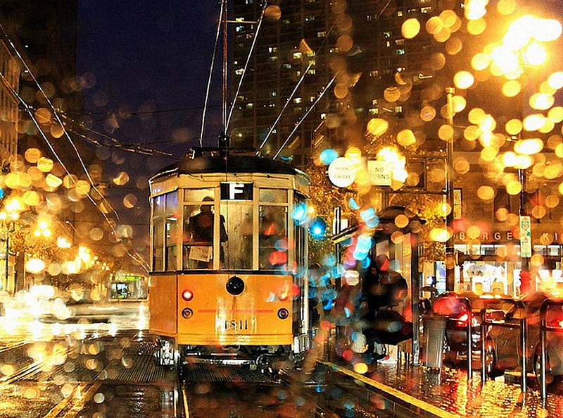 RAIN IN SAN FRANSCISO, san fran, cityscape, travel, yellow, drops, lights, bokeh, water, rain, HD wallpaper