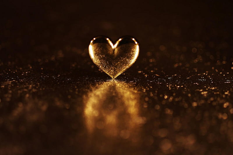 Golden Heart, with love, pretty, background, bonito, sweet, graphy, bokeh, gold, love, beauty, reflection, for you, lovely, romantic, romance, golden, corazones, gift, abstract, 3d, heart, HD wallpaper