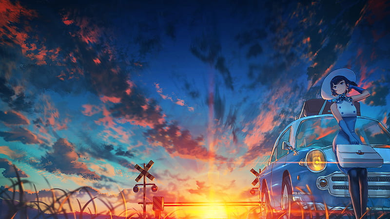 Anime, Original, Car, Girl, Sky, Sunset, HD wallpaper
