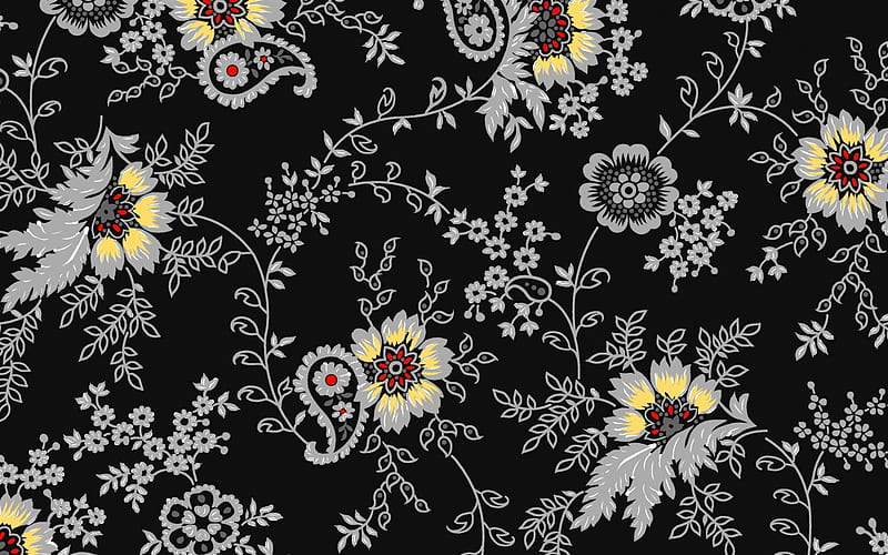 black background with gray flowers, floral black texture, retro floral texture, floral background, floral ornament on a black background, HD wallpaper