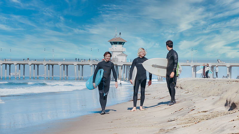 3 Men and Woman Holding White Surfboard Walking on Beach, HD wallpaper