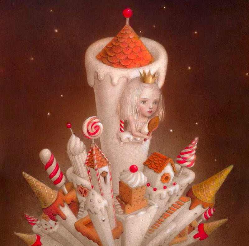 The white tower, red, nicoletta ceccoli, luminos, sweets, orange, ice cream, food, fantasy, girl, painting, surreal, pictura, castle, HD wallpaper