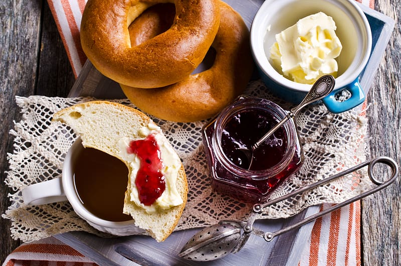 Food, Jam, Bread, Breakfast, Bagel, HD wallpaper