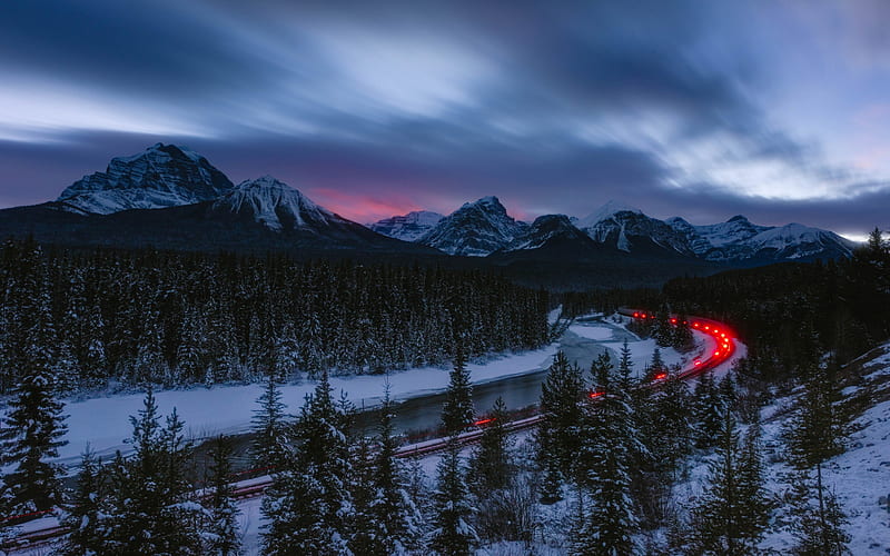 winter landscape, mountains, snow, winter, railroad, train, Bow River, Rocky Mountains, Banff National Park, Alberta, Canada, HD wallpaper