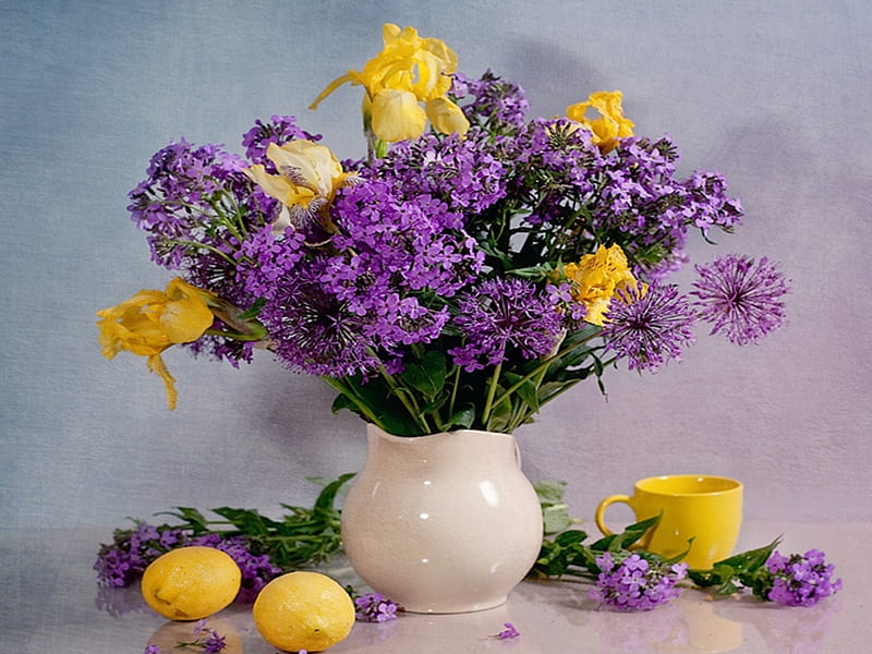 Still Life, with love, lilac, pretty, colorful, yellow tulip, yellow, vase, bonito, tea, graphy, flowers, beauty, tulips, lemons, for you, tulip, lovely, romantic, romance, colors, spring, lilacs, yellow tulips, purple, bouquet, cup, nature, petals, white, HD wallpaper