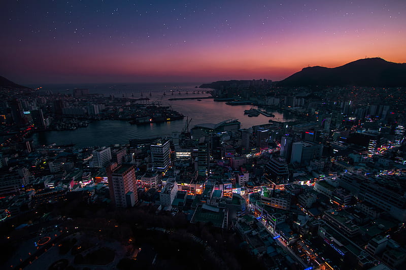south korea, night, stars, cityscape, buildings, lights, City, HD wallpaper
