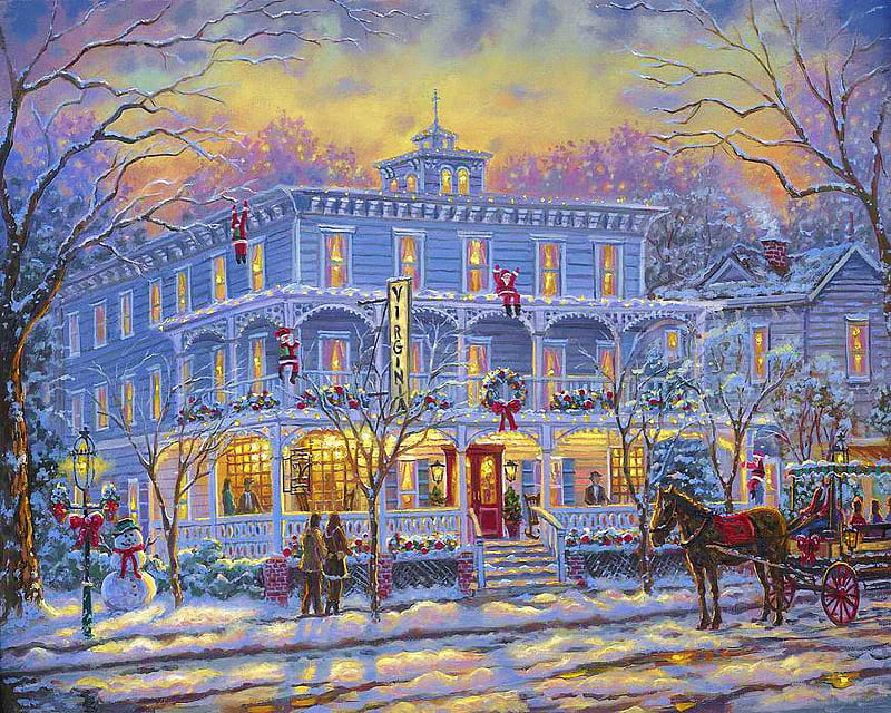 Christmas at the Virginia, house, snow, winterartwork, people, painting ...