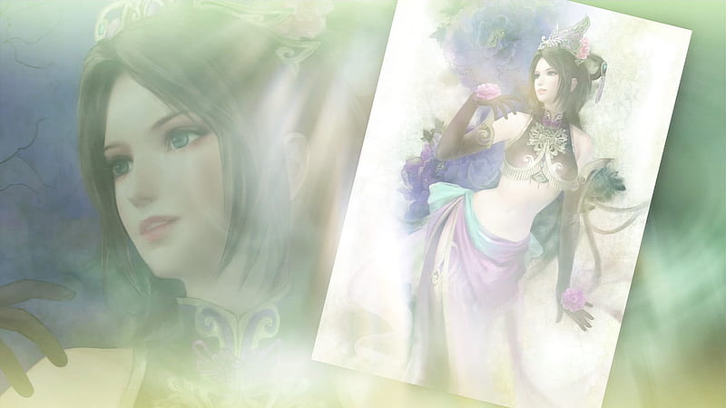 Diao Chan, pretty, brown hair, green eyes, video games, bonito, thigh highs, brunette, gloves, dynasty warrior, flowers, tiara, long hair, HD wallpaper