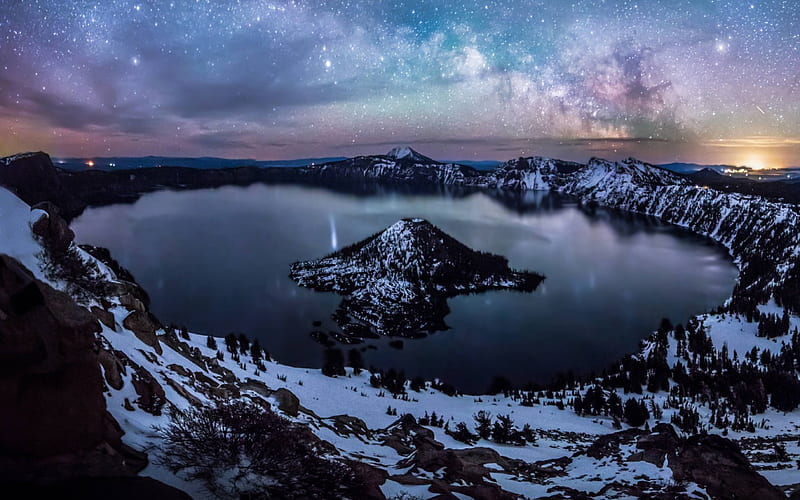 Milkey Way over Crater Lake, stars, cool, space, nature, fun, lake, HD wallpaper