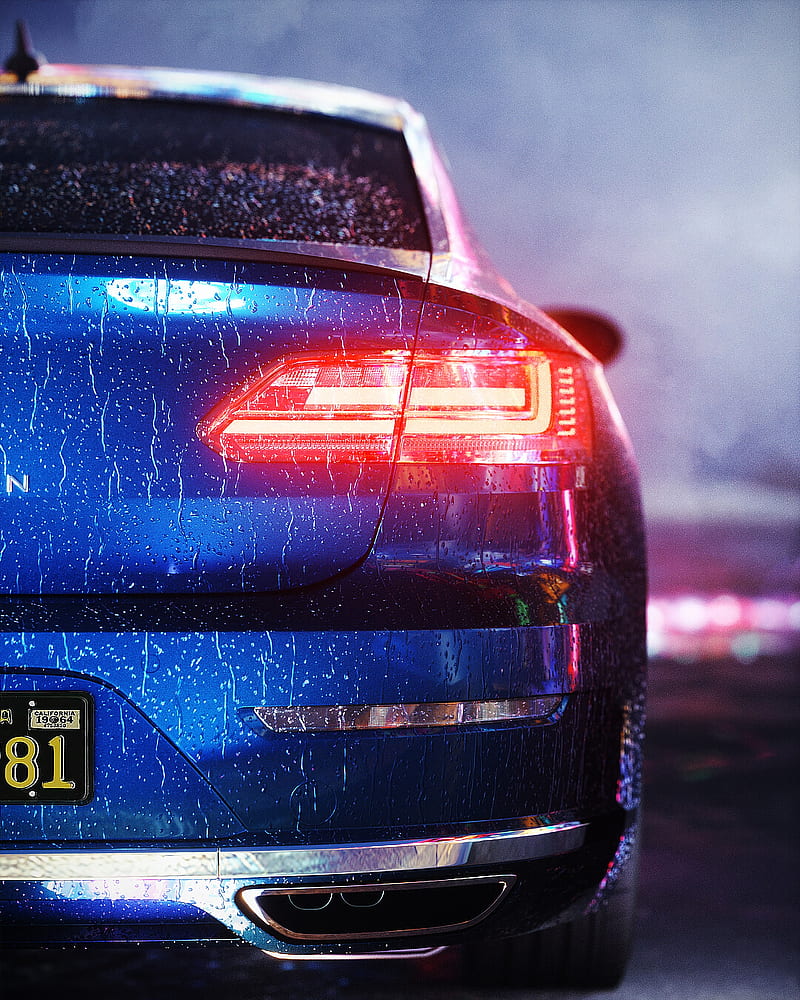 car, blue, wet, rear view, backlight, light, HD phone wallpaper