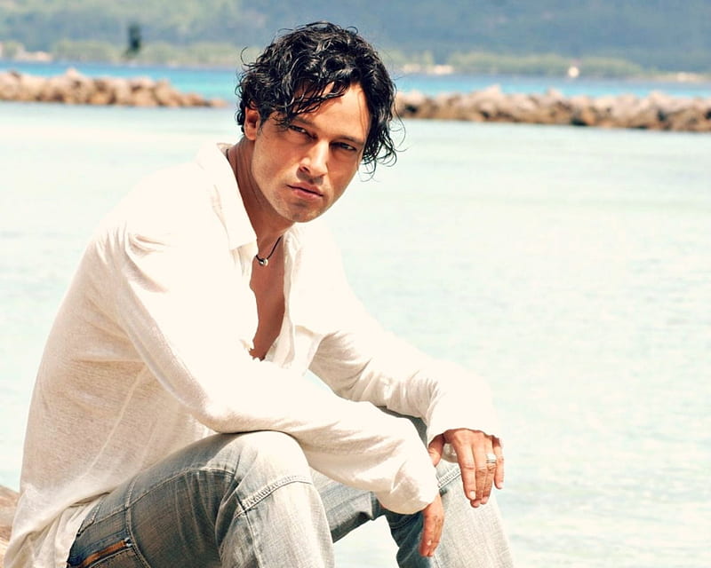 Gabriel Garko, model, man, beach, italian, summer, white, actor, blue, HD wallpaper
