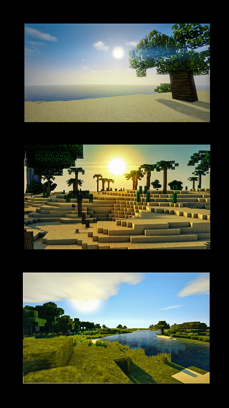 Minecraft, view, woda, piasek, drzewa, gra, beautyfull, niebo, sunsets, klocki, HD phone wallpaper