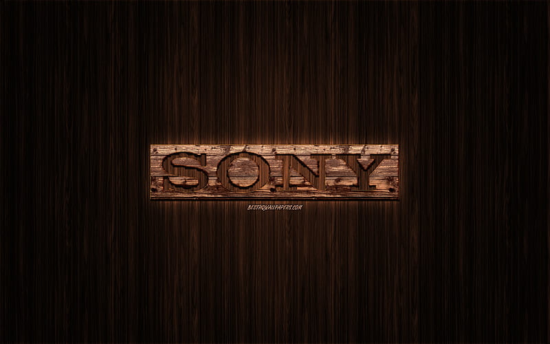 Sony logo, wooden logo, wooden background, Sony, emblem, brands, wooden art, HD wallpaper