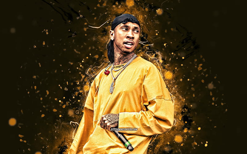 Tyga, 2020 yellow neon lights, american rapper, music stars, creative, Tyga with microphone, Michael Ray Nguyen-Stevenson, american celebrity, Tyga, HD wallpaper
