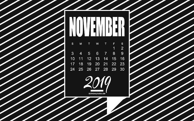 2019 November Calendar, typography art, black creative background, background with lines, creative art, November 2019 Calendar, HD wallpaper