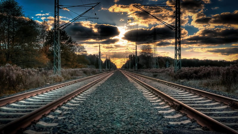 dual train tracks straight to a sunset, electric, gtavel, sunset, clouds, tracks, HD wallpaper