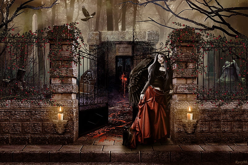 Vampire, Fantasy Dark, Mausoleum, Gate, Gothic, dark, Scenery, Forest, Cemetery, HD wallpaper