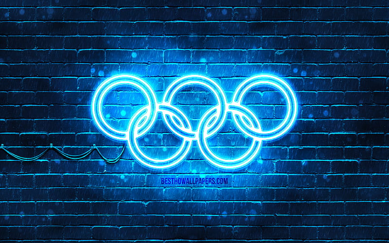 Blue Olympic Rings blue brickwall, Olympic rings sign, olympic symbols, Neon Olympic rings, Olympic rings, HD wallpaper