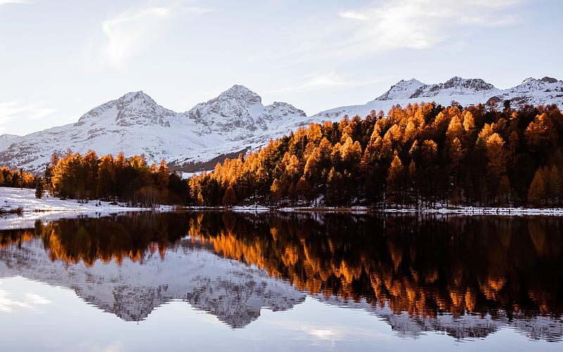 St. Moritz, Switzerland, lake, fall, autumn, snow, colors, reflections, trees, HD wallpaper