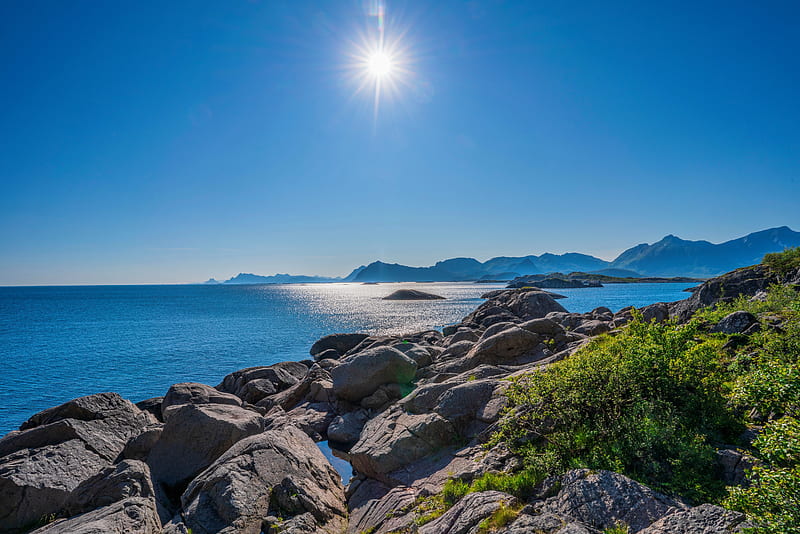 Lofoten, Norway, sky, coast, Norway, rocks, sun, bonito, sea, lake, mountain, stones, Lofoten, HD wallpaper