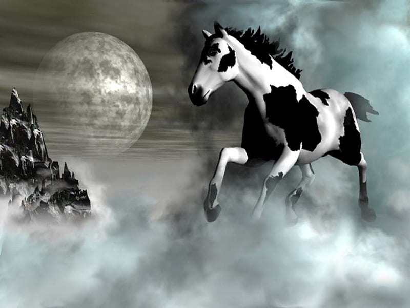 Riding the Sky, mountain, markings, moon, horse, clouds, pinto, fog, HD wallpaper