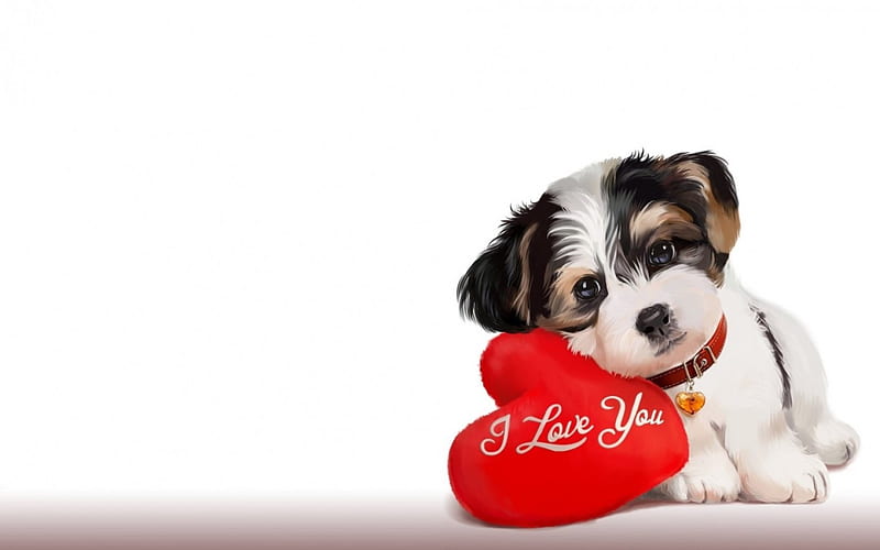 Happy Valentine's Day!, red, art, lorri kajenna, valentine, animal, card, cute, heart, child, white, puppy, dog, HD wallpaper