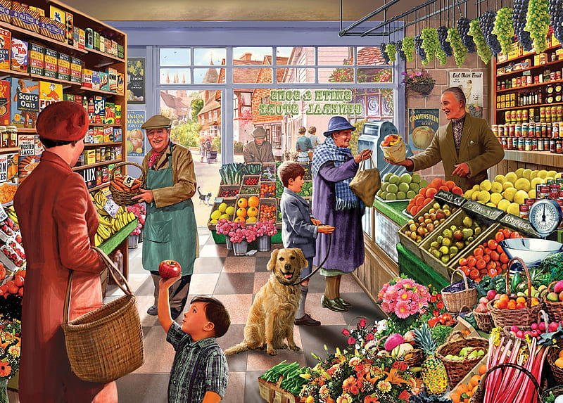 Village green grocer, shop, art, vegetable, boy, people, painting, child, pictura, dog, HD wallpaper