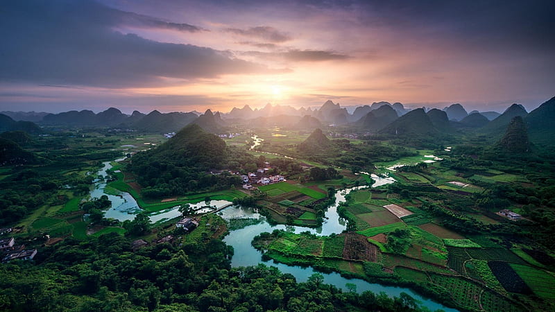 panorama of a fertile river valley in china, mountains, fields, river, sunset, valley, HD wallpaper
