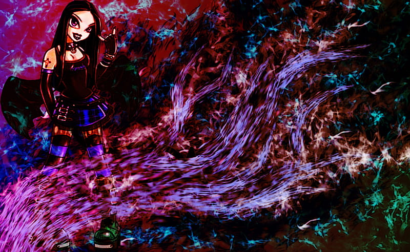 psychedelic flames, trippy, tank top, purple eyes, wings, knee highs, tattoo, skirt, black, chains, abstract, fire, purple skirt, purple, cross, devil, red, colorful, boots, evil, chick, emo, green, hot, smoke, pink, black hair, blue, rocker, tail, collar, goth, flames, dark, HD wallpaper
