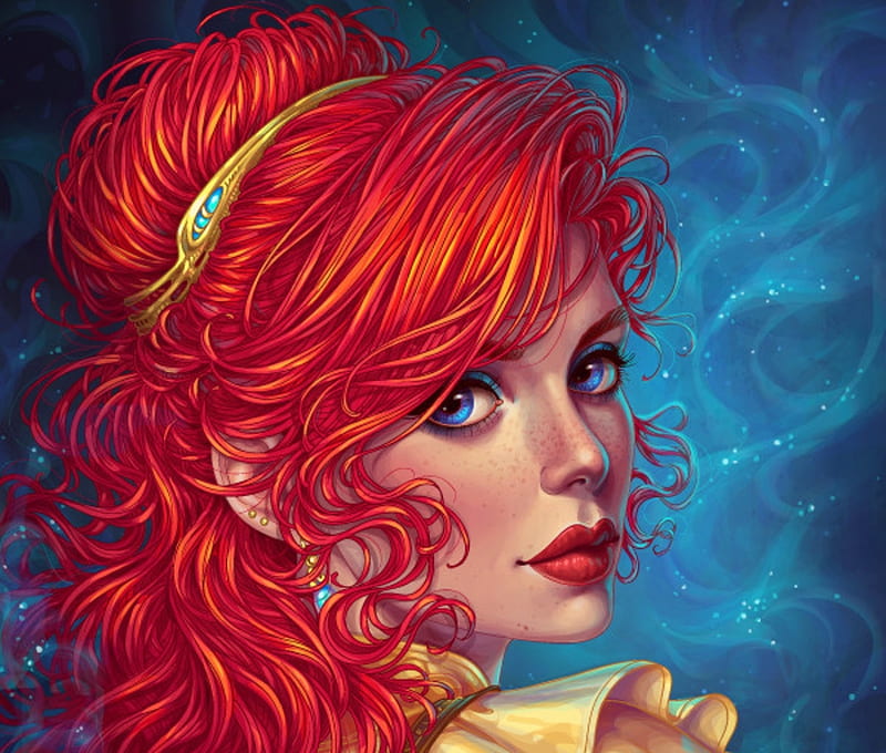 Flamya, red, maria dimova, fantasy, redhead, girl, luminos, face, blue, HD wallpaper