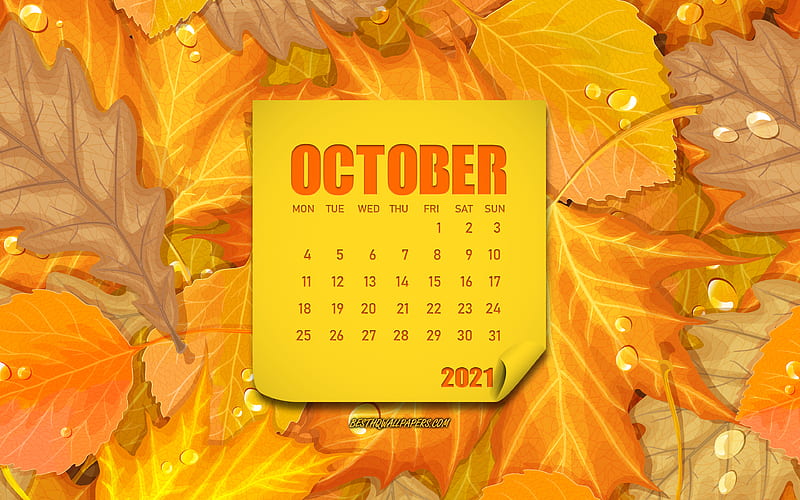 2021 October Calendar, autumn background with leaves, October, autumn leaves background, October 2021 Calendar, 2021 concepts, HD wallpaper
