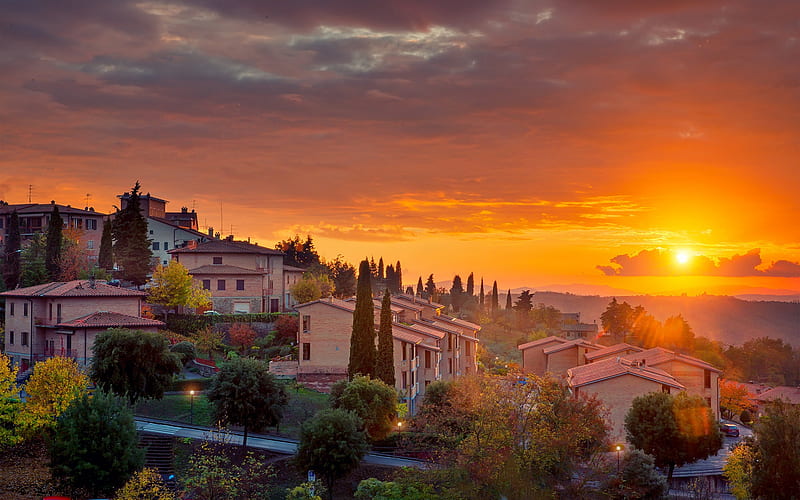 Tuscany, evening, sunset, beautiful sun, beautiful clouds, cityscape, Italy, HD wallpaper
