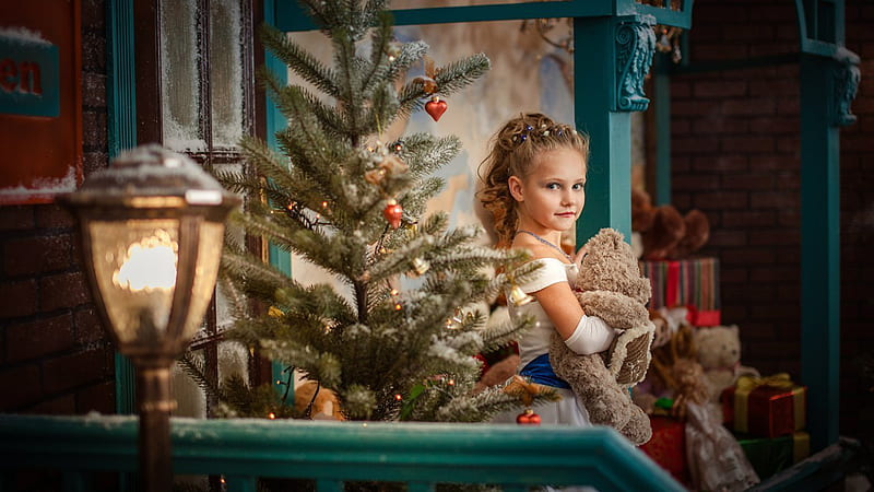 Cute Little Girl With Toy Teddy Bear Is Wearing White Dress Standing Near Christmas Tree Cute, HD wallpaper