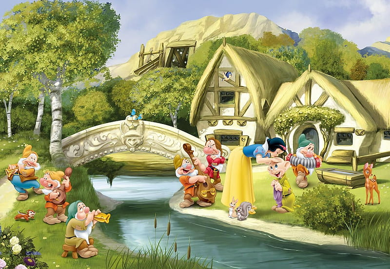 Snow White and the Seven Dwarfs, bridge, cottage, girl, snow white, dwarf, princess, disney, gnome, fantasy, water, HD wallpaper