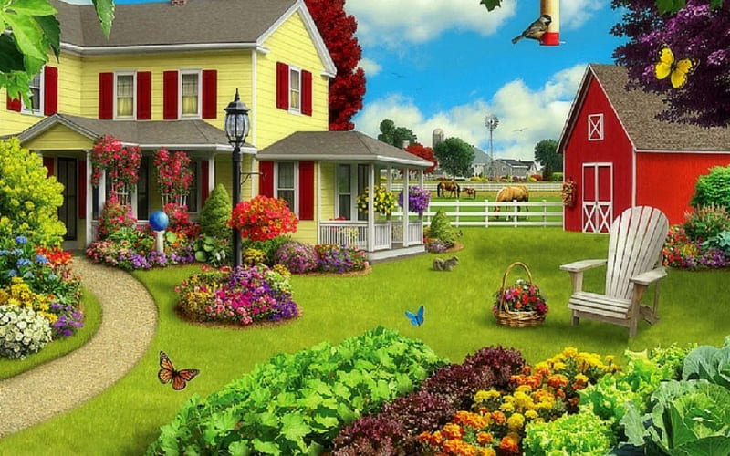 The Farm house, garden, house, horses, barn, HD wallpaper