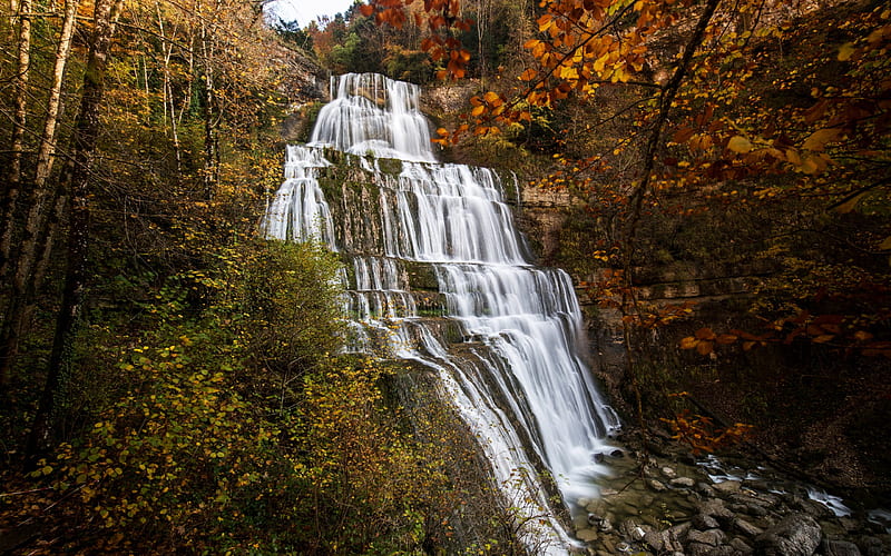 Cascade du Herisson, Waterfall, autumn, rock, water, beautiful waterfall, France, HD wallpaper