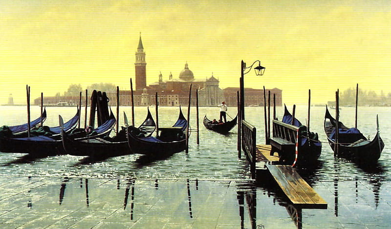 Gondolas at Piazzetta San Marco 2, art, painting, wide screen, waterscape, gondolas, scenery, artwork, HD wallpaper