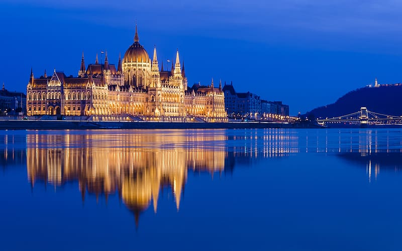 Night, Architecture, Monuments, Reflection, Hungary, River, Budapest, Monument, Danube, , Hungarian Parliament Building, HD wallpaper