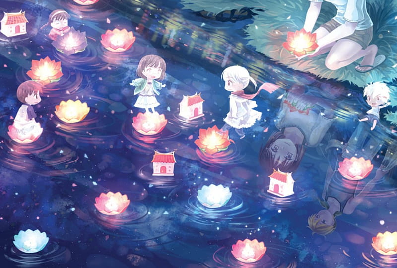 flower float, lotus, dress, house, float, frame, anime, anime girl, reflection, candle, female, water lily, chibi, pond, cute, fire, water, girl, ripples, blaze, flower, HD wallpaper