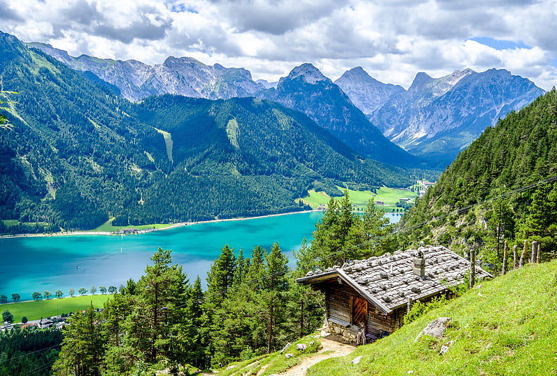 Achensee lake in Austria, lake, hills, Austria, house, Tyrol, view, bonito, HD wallpaper