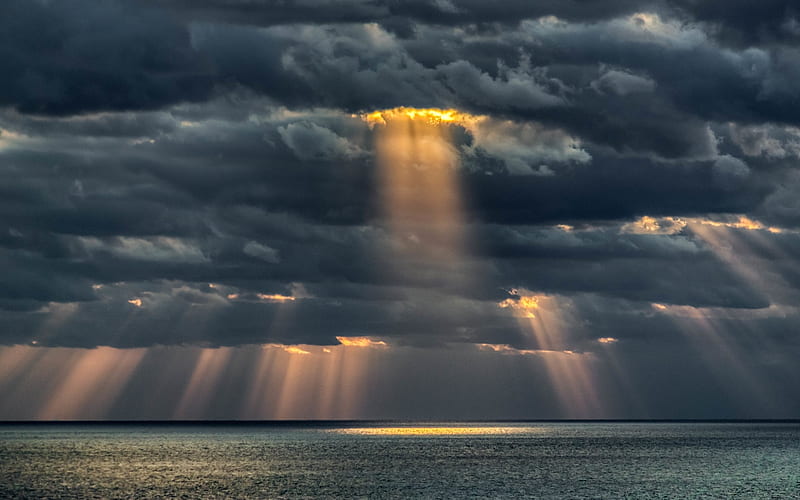 Light From Above, Bahamas, sunbeams, islands, clouds, ocean, HD wallpaper